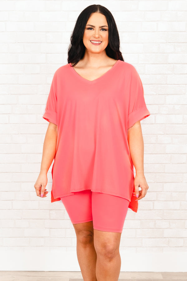 Chic Soul plus size clothing, neon coral pink lounge shorts set