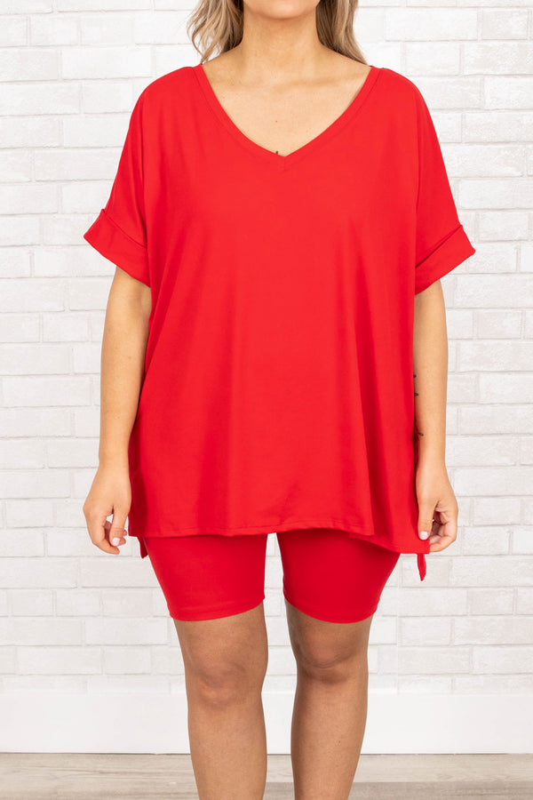 Chic Soul plus size clothing, ruby red comfy shorts set
