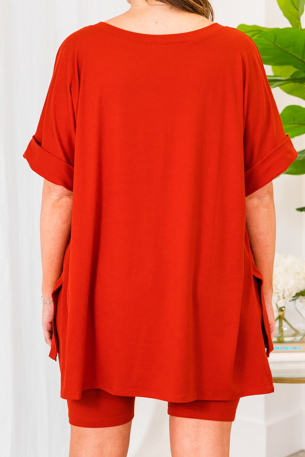 Chic Soul plus size clothing, tomato two piece set with biker shorts and oversized tee with v neckline and cuff sleeves