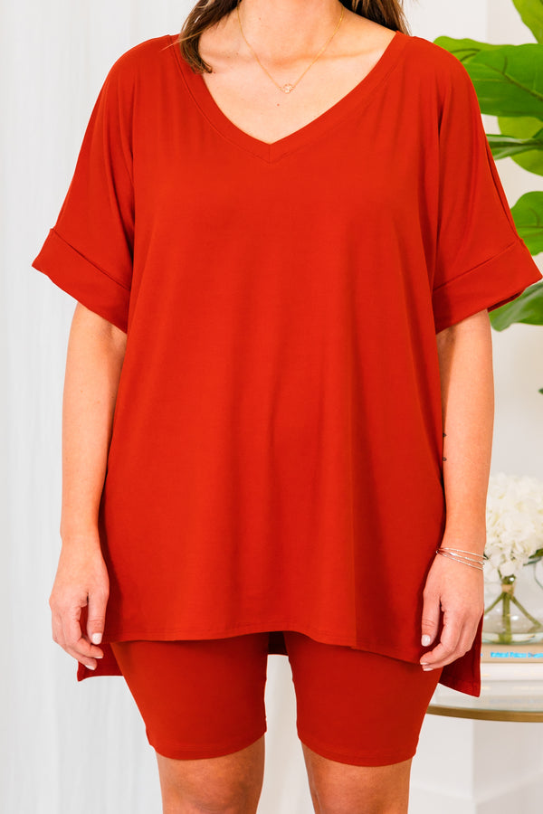 Chic Soul plus size clothing, tomato two piece set with biker shorts and oversized tee with v neckline and cuff sleeves