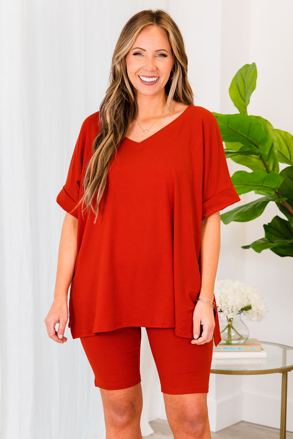 Chic Soul plus size clothing, tomato two piece set with biker shorts and oversized tee with v neckline and cuff sleeves