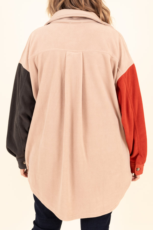 Chic Soul plus size clothing, taupe shacket with red and olive colorblock sleeves