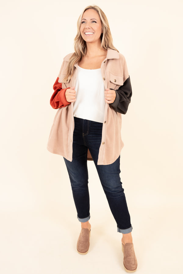 Chic Soul plus size clothing, taupe shacket with red and olive colorblock sleeves