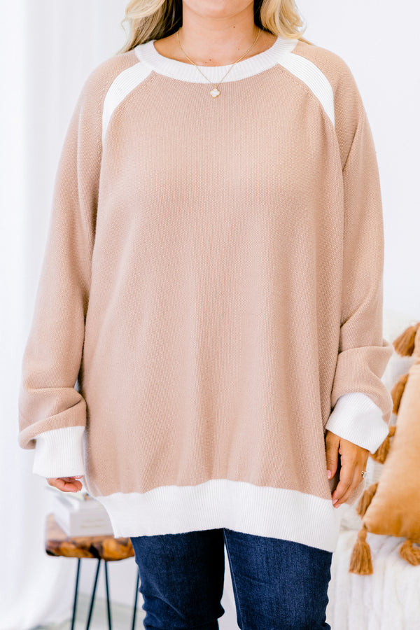 Chic Soul Plus size clothing, taupe long sleeve sweater with white cuffs at the end of the sleeves and white details along the neckline and shoulders
