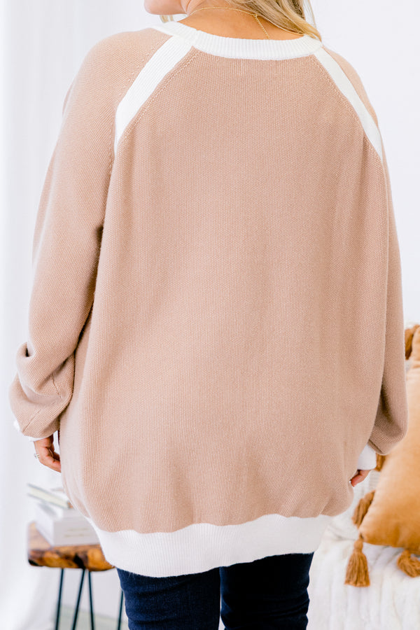 Chic Soul Plus size clothing, taupe long sleeve sweater with white cuffs at the end of the sleeves and white details along the neckline and shoulders