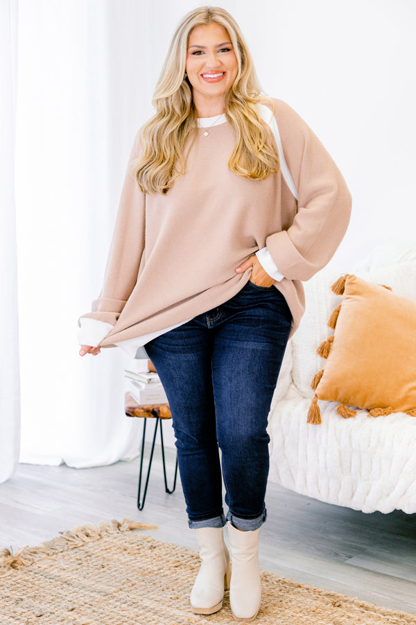 Chic Soul Plus size clothing, taupe long sleeve sweater with white cuffs at the end of the sleeves and white details along the neckline and shoulders