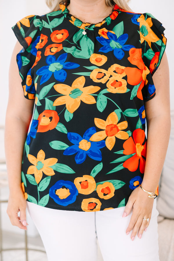 Chic Soul plus size clothing, black short sleeve top with ruffle sleeves and large floral print