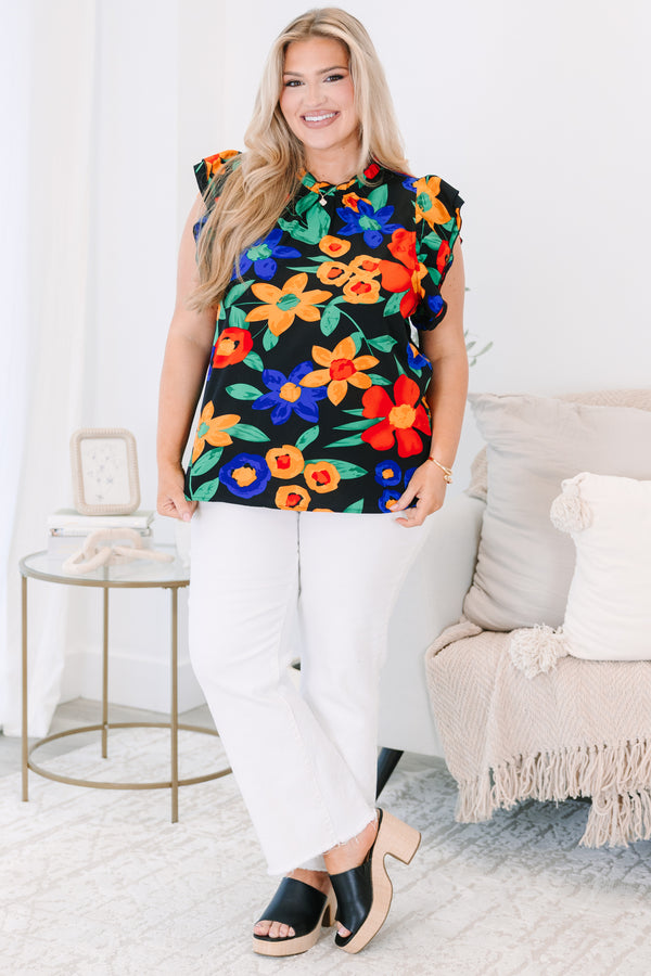 Chic Soul plus size clothing, black short sleeve top with ruffle sleeves and large floral print