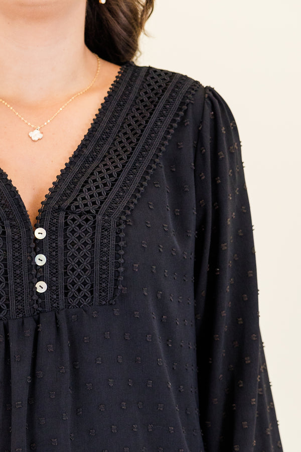 Chic Soul plus size clothing, long-sleeve black ruffled top with white buttoned v-neckline with lace detailing