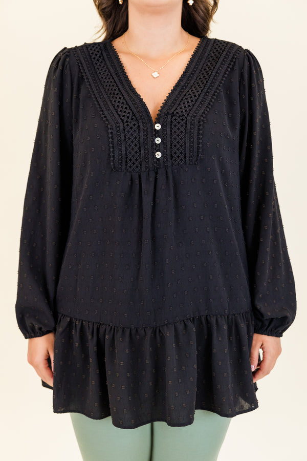 Chic Soul plus size clothing, long-sleeve black ruffled top with white buttoned v-neckline with lace detailing