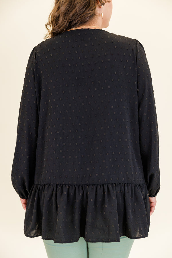 Chic Soul plus size clothing, long-sleeve black ruffled top with white buttoned v-neckline with lace detailing