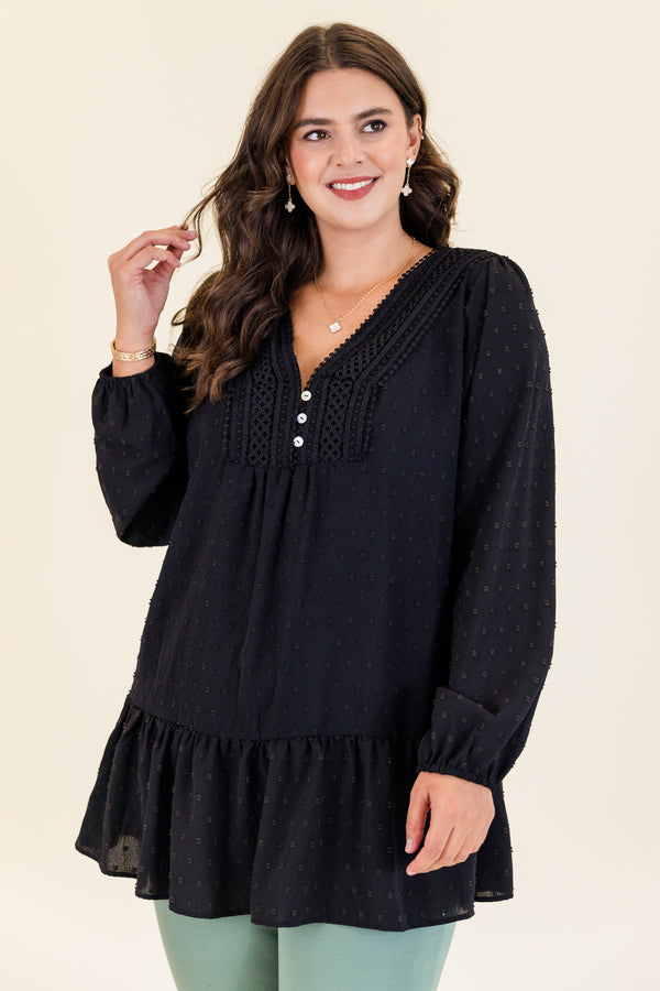 Chic Soul plus size clothing, long-sleeve black ruffled top with white buttoned v-neckline with lace detailing