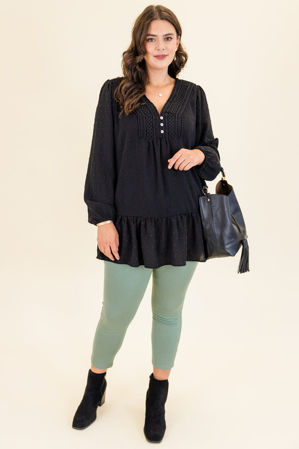Chic Soul plus size clothing, long-sleeve black ruffled top with white buttoned v-neckline with lace detailing
