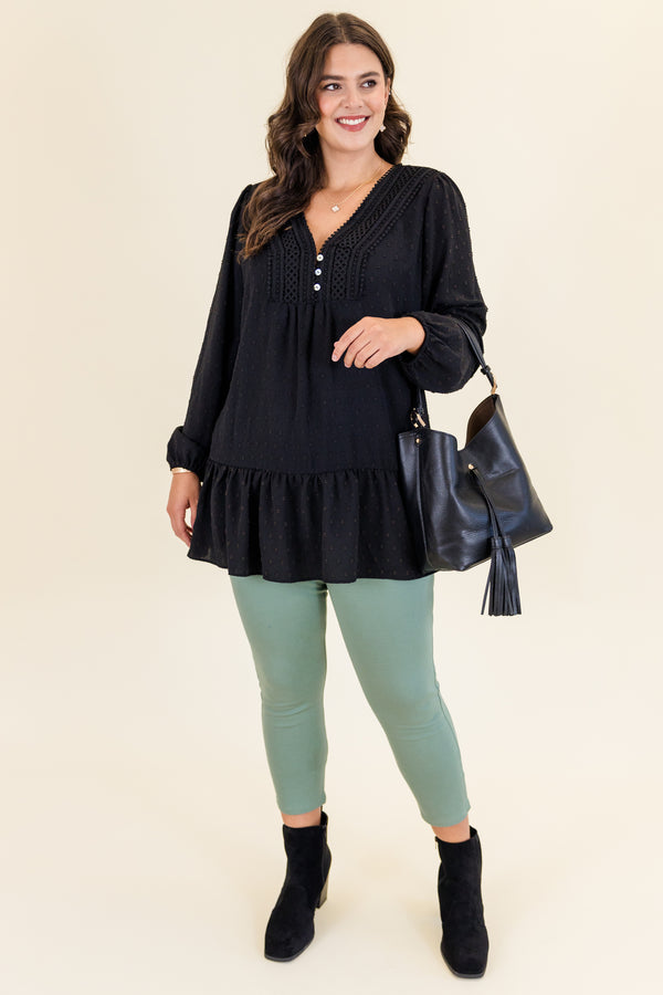 Chic Soul plus size clothing, long-sleeve black ruffled top with white buttoned v-neckline with lace detailing