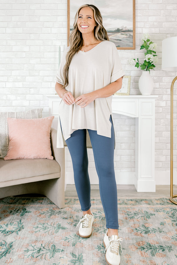 Chic Soul plus size clothing, mid-waisted ash blue slim ankle-length leggings