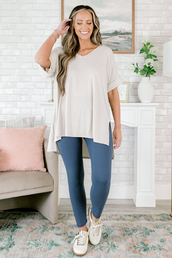 Chic Soul plus size clothing, mid-waisted ash blue slim ankle-length leggings