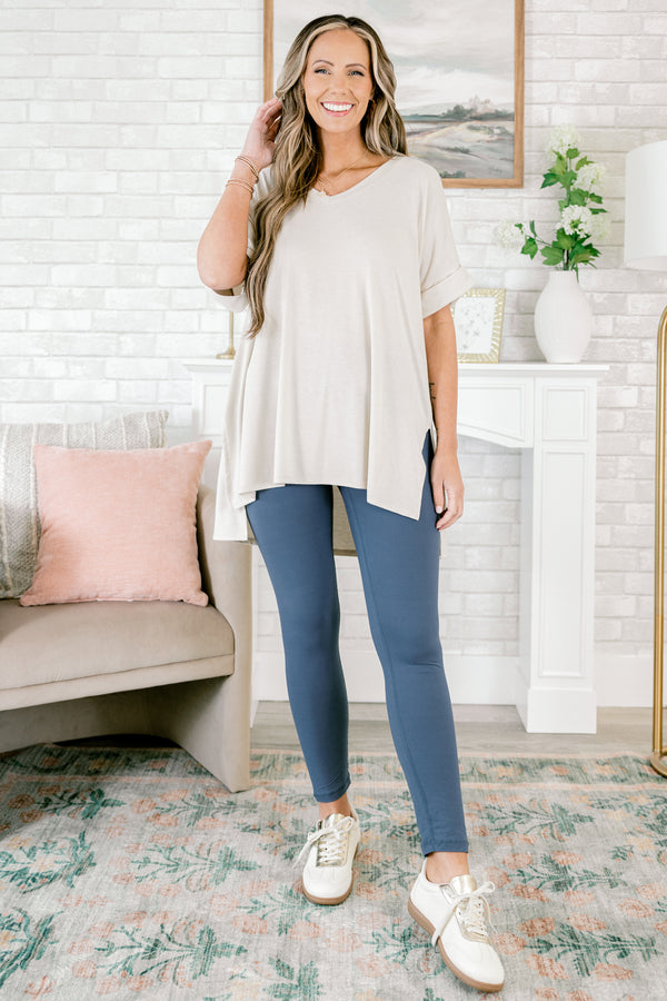 Chic Soul plus size clothing, mid-waisted ash blue slim ankle-length leggings