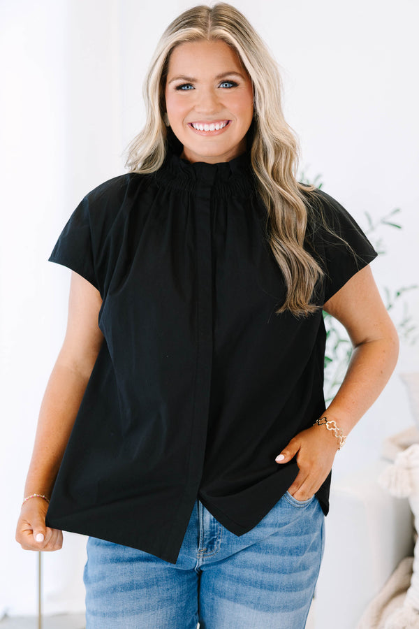 Plus Size black cotton button-down top with a smocked neckline and structured cap sleeves.
