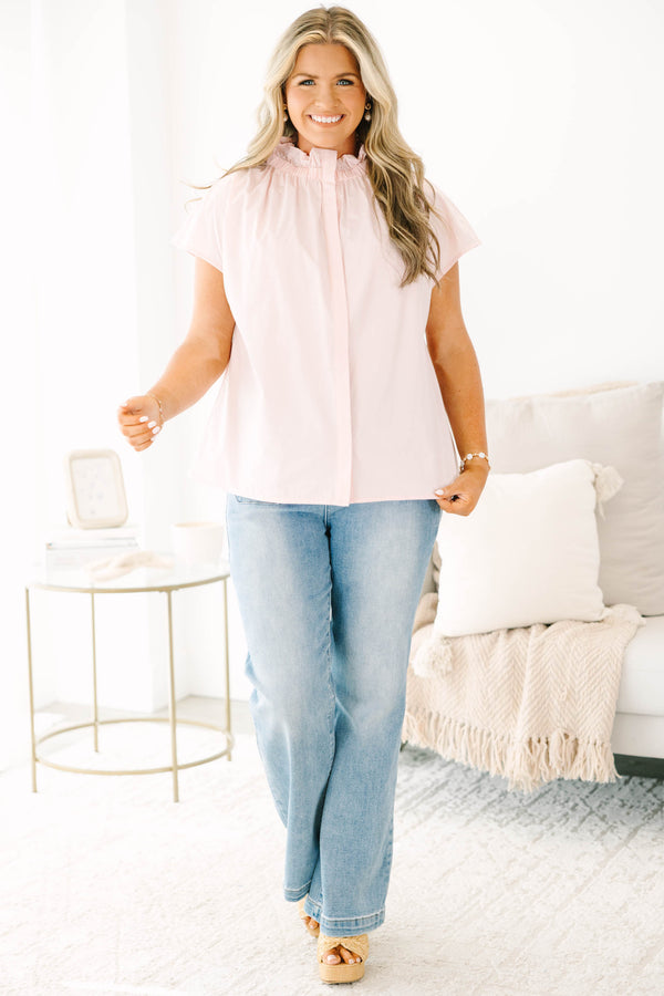 Plus Size light pink short sleeve top with a ruffled high neckline and hidden button placket.