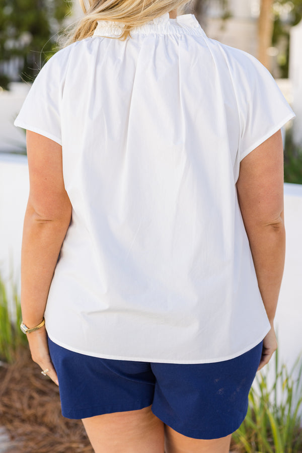 Chic Soul plus size clothing, white button-up short sleeve top with a ruffle collar