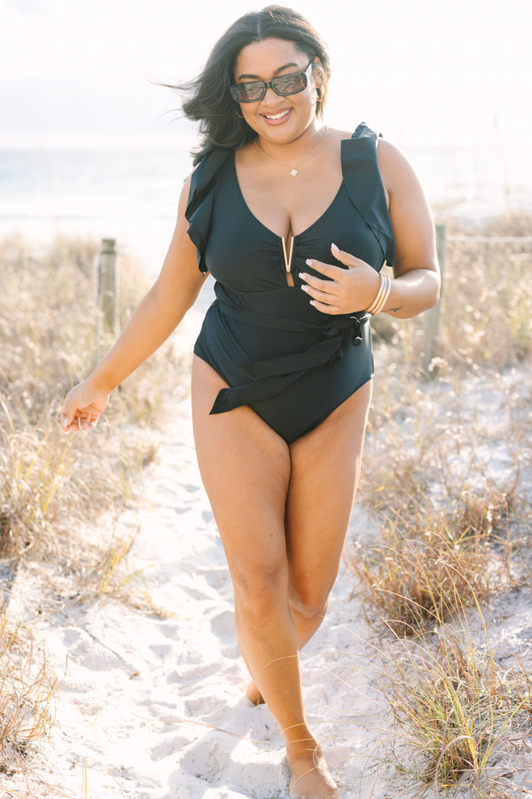 Chic Soul plus size clothing, black flutter sleeve gold v-neck embellished one piece swimsuit with waist tie