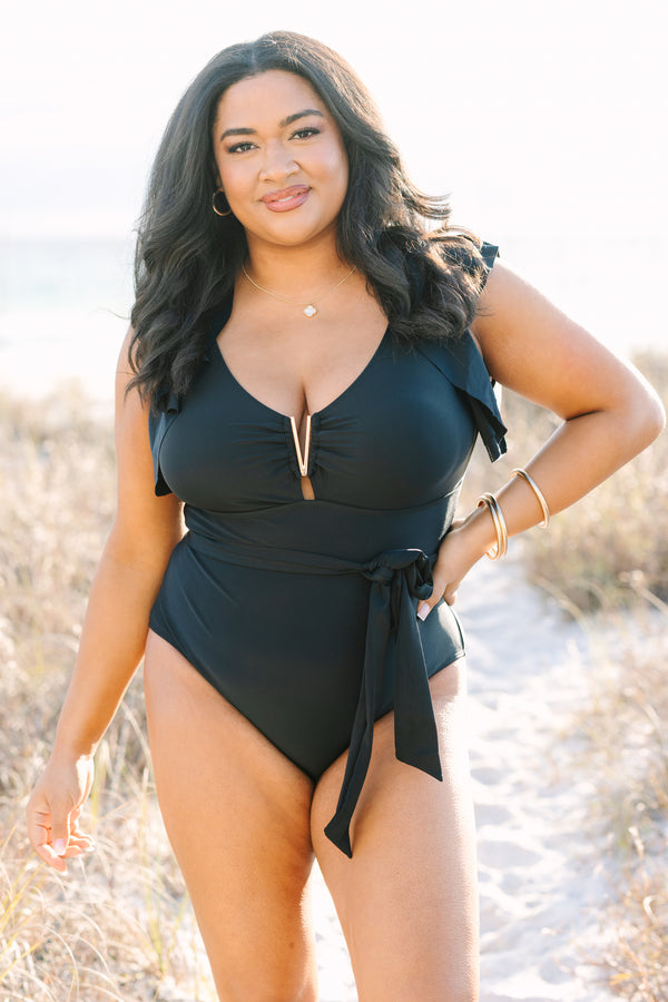 Chic Soul plus size clothing, black flutter sleeve gold v-neck embellished one piece swimsuit with waist tie