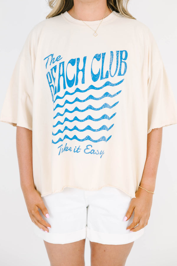 Plus Size sand-colored vintage wash tee with blue 