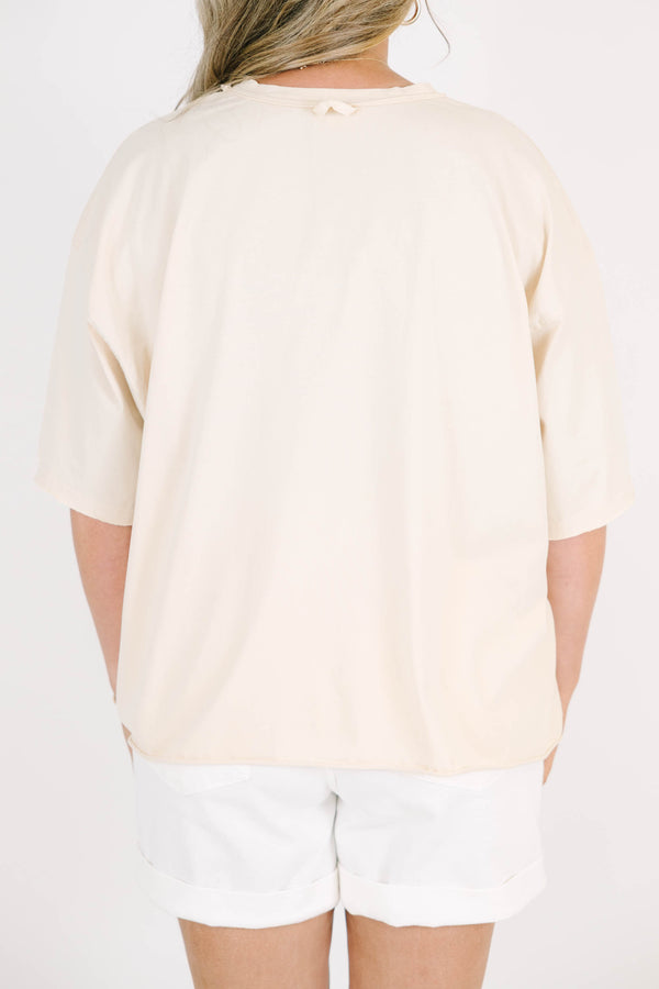 Plus Size sand-colored vintage wash tee with blue 