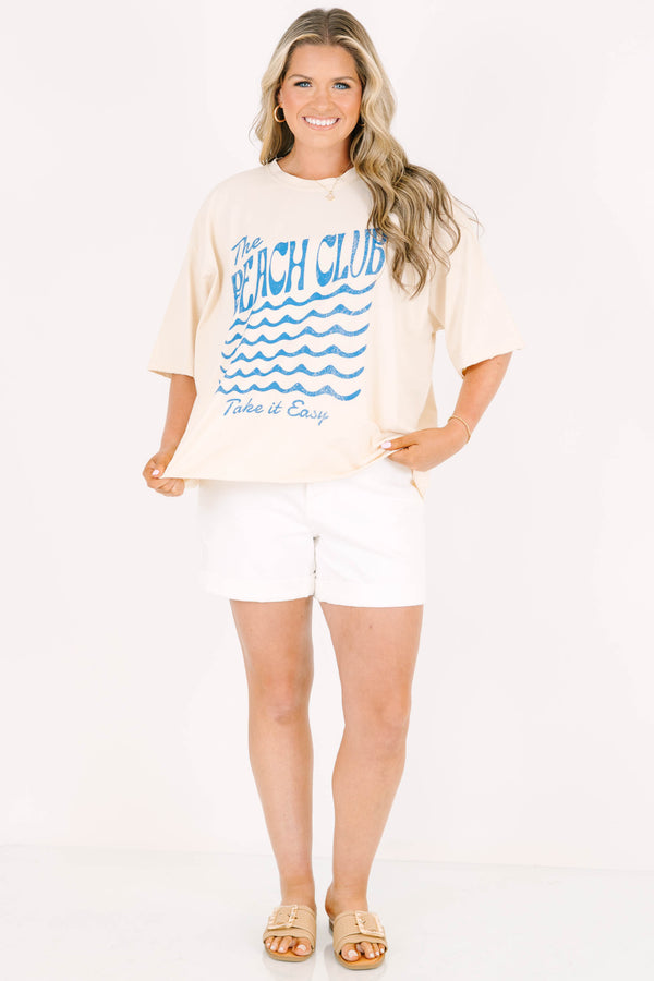 Plus Size sand-colored vintage wash tee with blue 