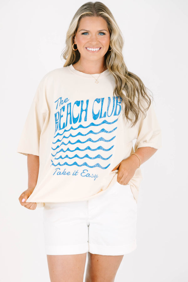 Plus Size sand-colored vintage wash tee with blue 