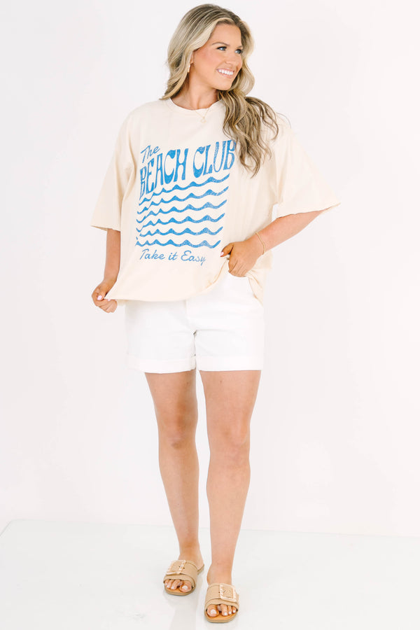 Plus Size sand-colored vintage wash tee with blue 