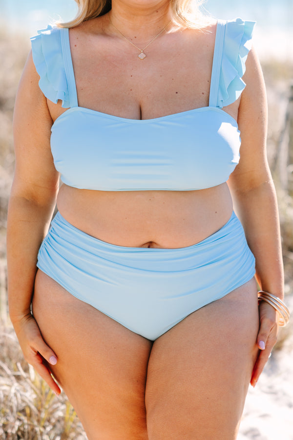 Chic Soul plus size clothing, aqua straight across bikini top with sleeves that have a ruffle detail on them 