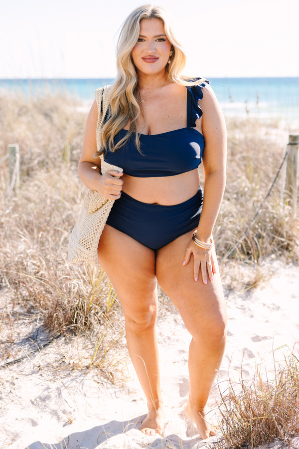 Chic Soul plus size clothing, navy high waisted swim bottoms