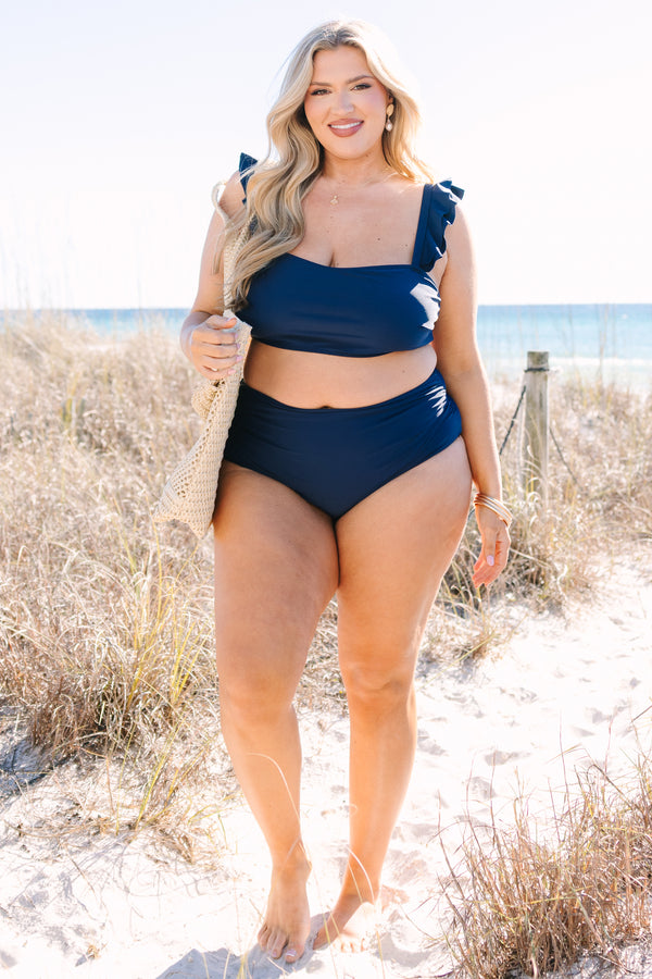Chic Soul plus size clothing, navy square top ruffle strap swim top