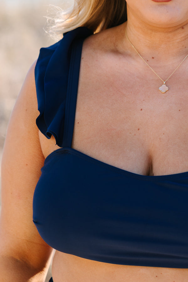 Chic Soul plus size clothing, navy square top ruffle strap swim top