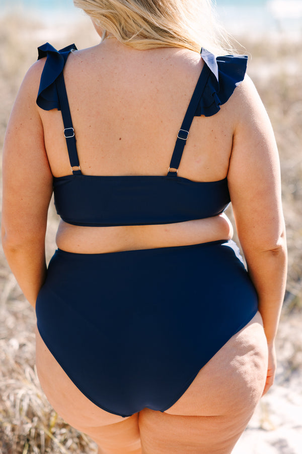 Chic Soul plus size clothing, navy square top ruffle strap swim top