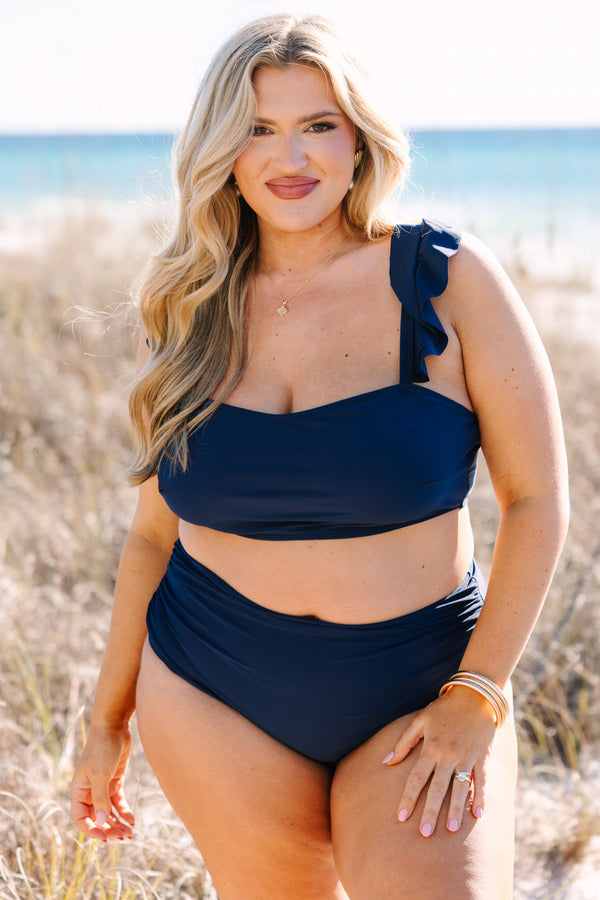 Chic Soul plus size clothing, navy high waisted swim bottoms