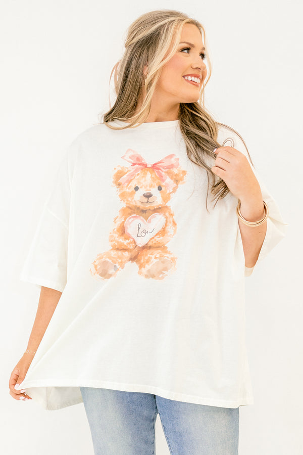 Chic Soul plus size clothing, whtie short sleeve boyfriend tee with light brown teddy bear on the front with pink bow on its head and light pink heart with 