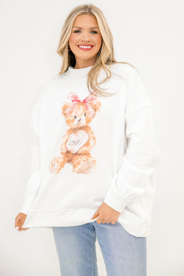  Chic soul plus size clothing, ivory mock neck pullover with graphic of a bear wearing a pink bow 