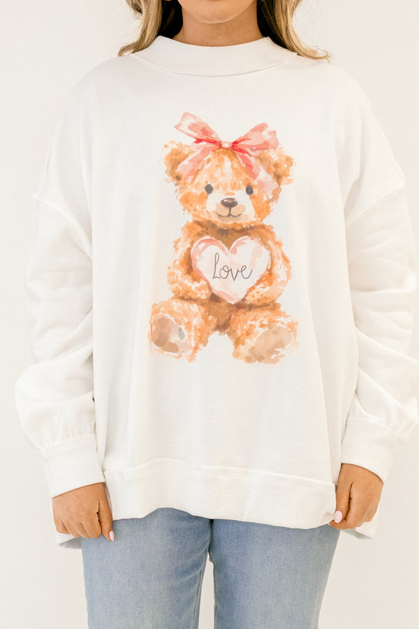  Chic soul plus size clothing, ivory mock neck pullover with graphic of a bear wearing a pink bow 