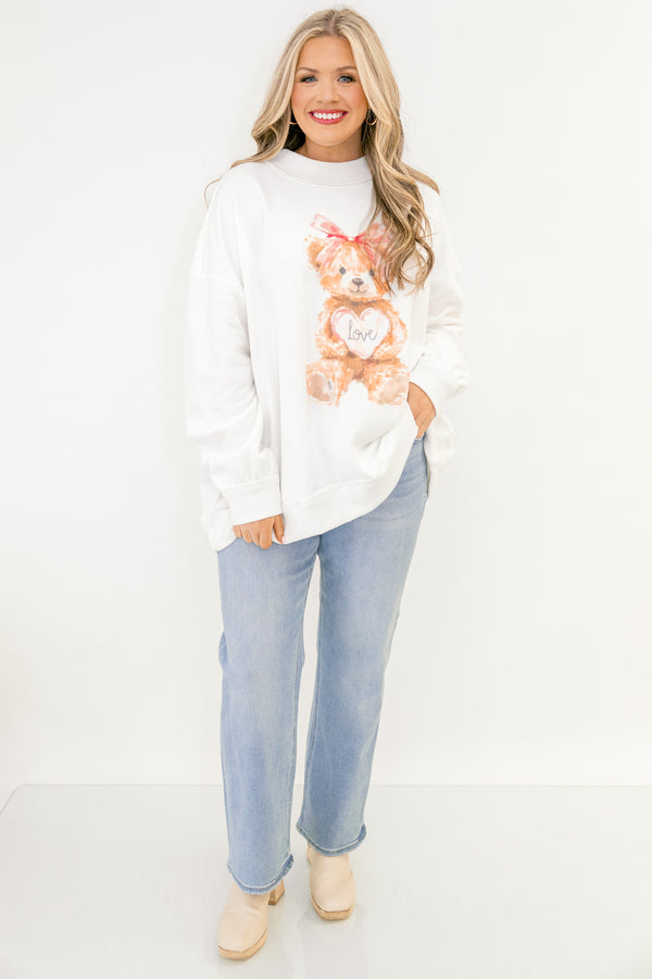  Chic soul plus size clothing, ivory mock neck pullover with graphic of a bear wearing a pink bow 