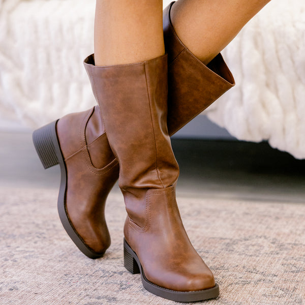 Chic Soul plus size clothing, cognac brown soft sole heeled boots