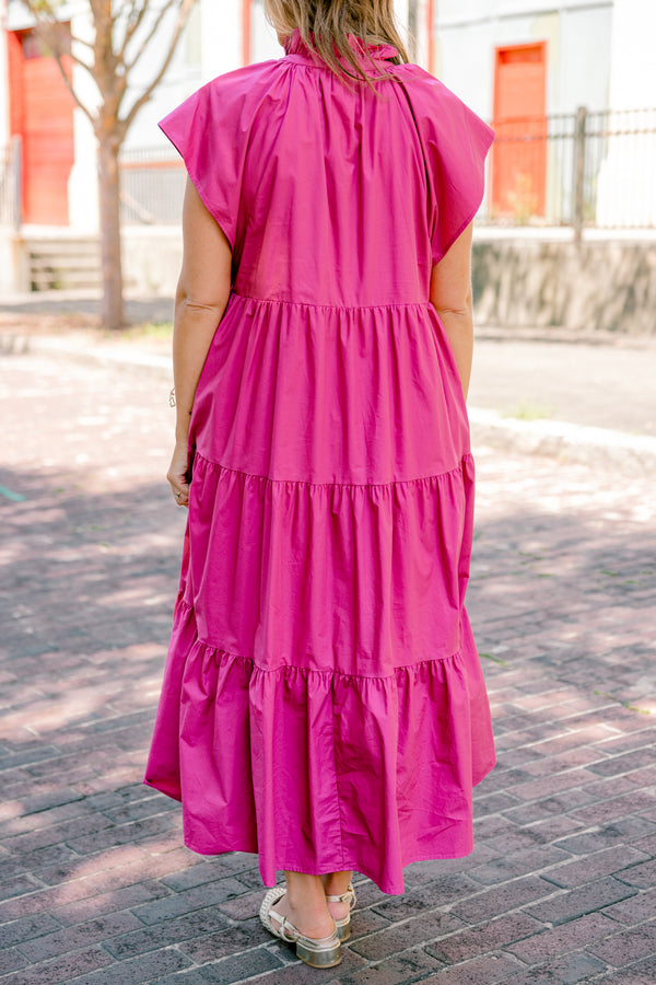 Chic Soul Plus size Clothing, Fuchsia tiered maxi dress with short sleeves and a ruffle detail on the collar 