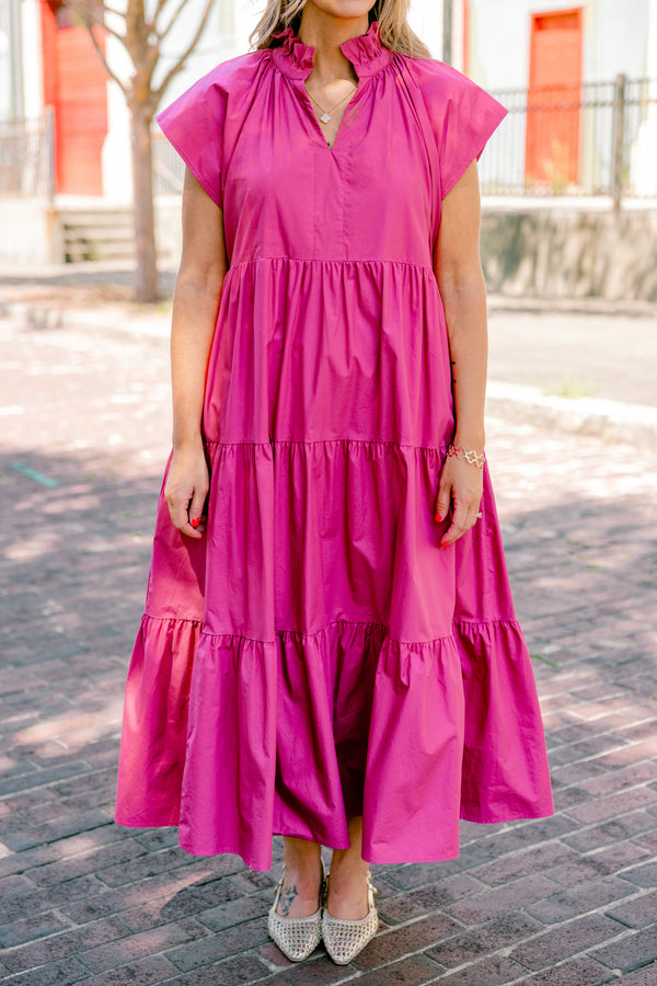 Chic Soul Plus size Clothing, Fuchsia tiered maxi dress with short sleeves and a ruffle detail on the collar 