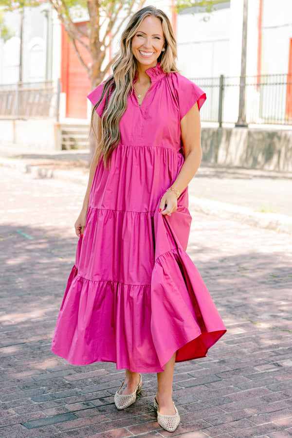 Chic Soul Plus size Clothing, Fuchsia tiered maxi dress with short sleeves and a ruffle detail on the collar 