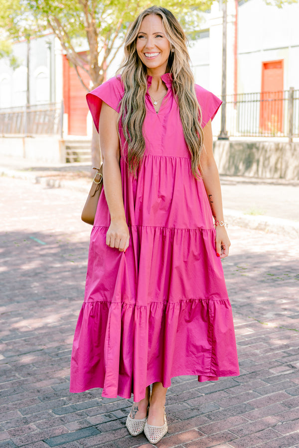 Chic Soul Plus size Clothing, Fuchsia tiered maxi dress with short sleeves and a ruffle detail on the collar 