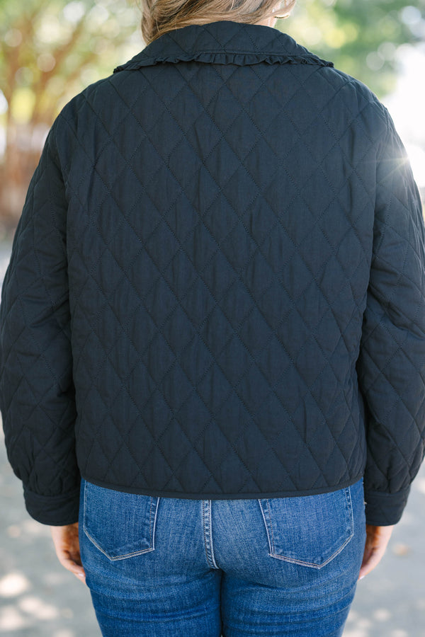 Plus Size black quilted jacket with a ruffled bib collar, three front bow ties, and patch pockets.