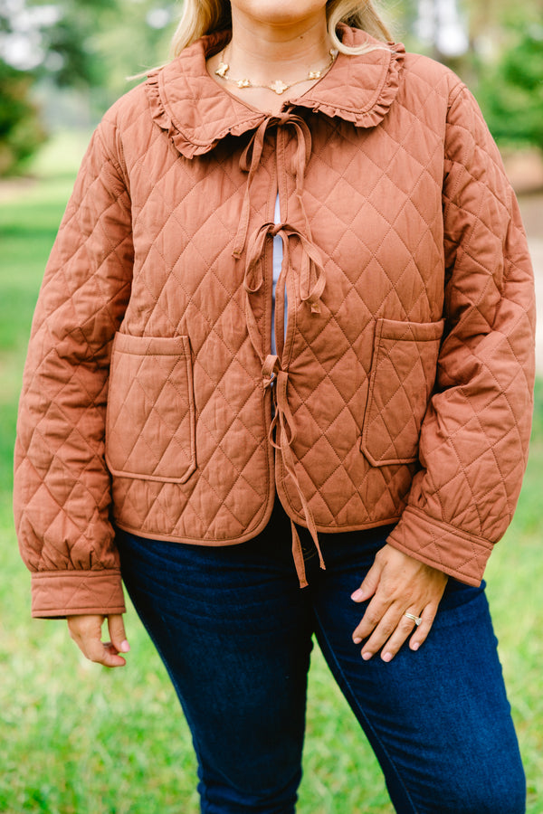 Chic Soul plus size clothing, brown quilted tie front jacket with ruffle collar and large front lower pockets