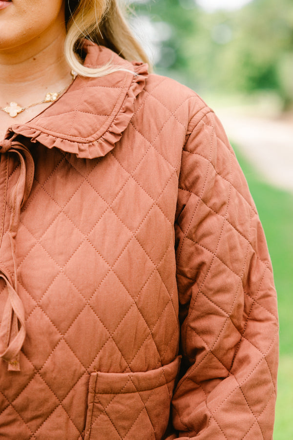 Chic Soul plus size clothing, brown quilted tie front jacket with ruffle collar and large front lower pockets