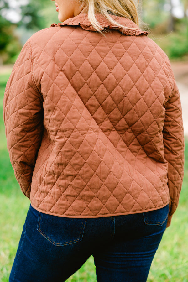 Chic Soul plus size clothing, brown quilted tie front jacket with ruffle collar and large front lower pockets